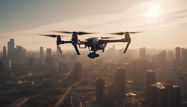 Photo avion volant au-dessus de la ville avion dans le ciel atterrissant au coucher du soleil ia générative