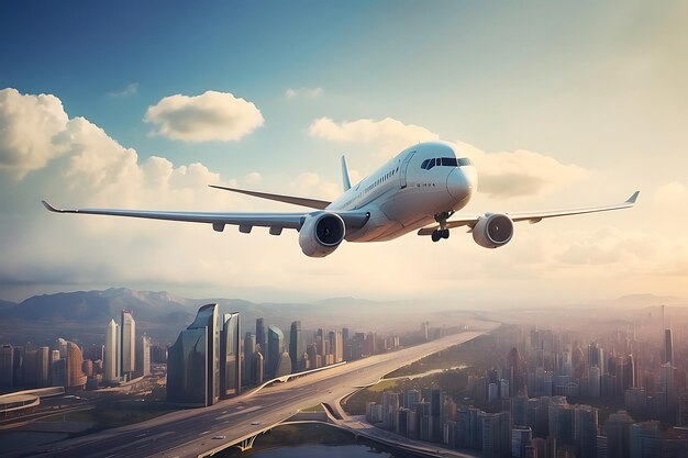 Avion volant dans le ciel au-dessus de l'aéroport avec un paysage urbain en arrière-plan