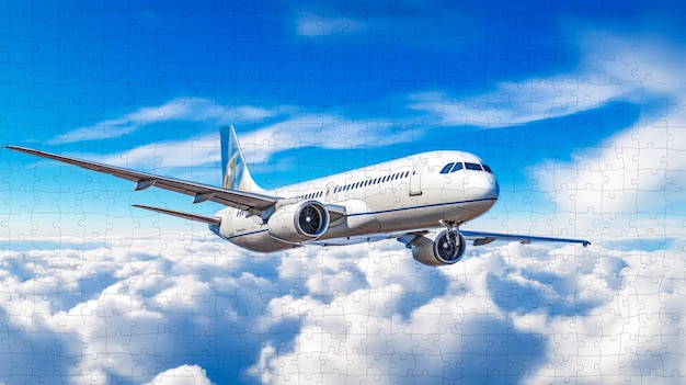 Un avion volant dans le ciel bleu parmi les nuages et la lumière du soleil