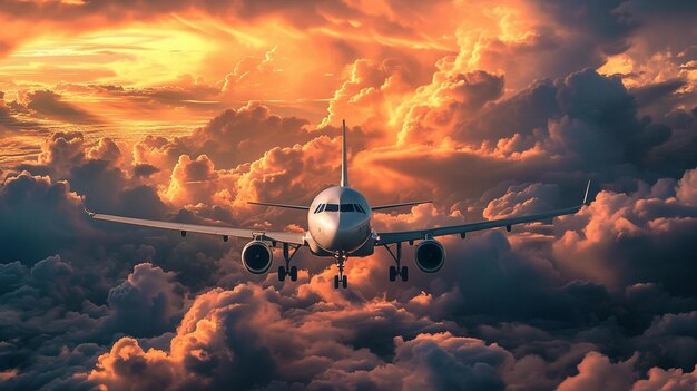 un avion volant dans le ciel avec des nuages et un coucher de soleil derrière lui