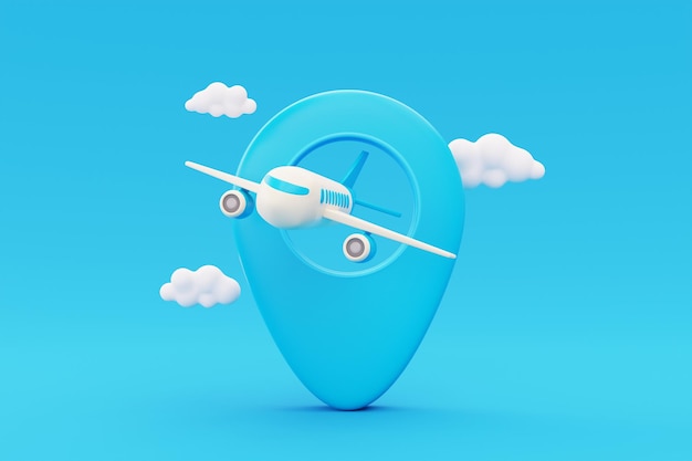 Avion volant dans les nuages avec broche de localisation Tourisme et concept de voyage vacances vacances nature voyage rendu 3d