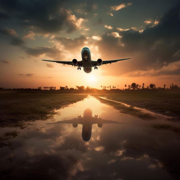 Un avion volant vers le coucher du soleil