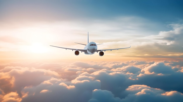 Un avion vole au-dessus des nuages avec le soleil qui brille dessus.