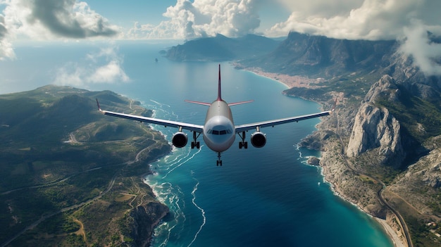 Photo un avion vole au-dessus de l'océan et des montagnes en arrière-plan