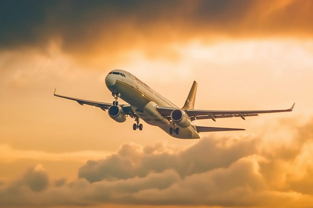 L'avion vole sur le ciel nuageux