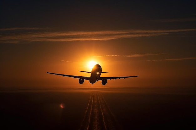 Un avion vole dans le ciel avec le soleil derrière lui.