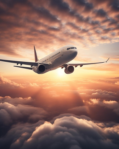 Un avion vole dans le ciel avec le soleil qui brille à travers les nuages.