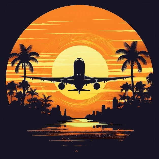 Avion vole pendant l'illustration vectorielle coucher de soleil