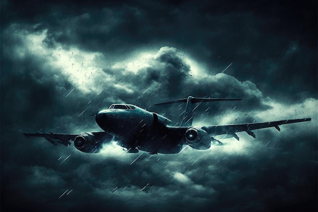 L'avion vole sous de lourds nuages de tonnerre et des éclairs sur le fond sombre