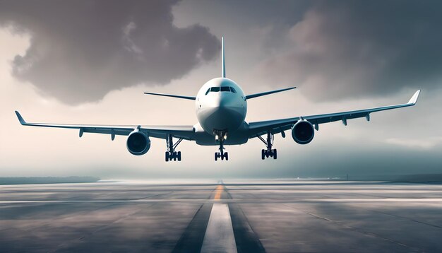 L'avion voyage le long de la piste pour le décollage par temps nuageux