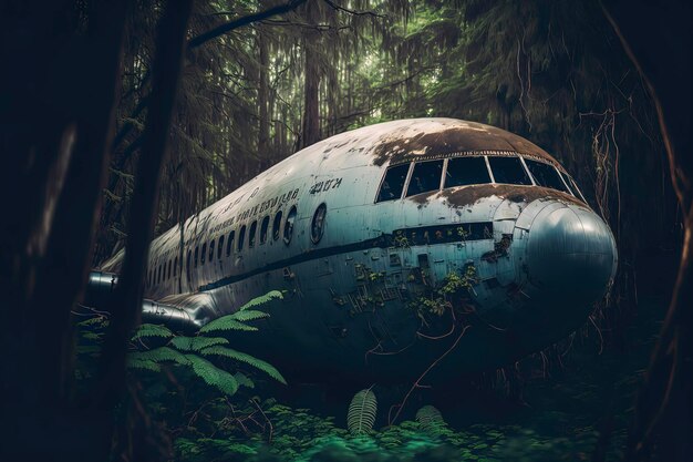 Avions militaires abandonnés assis dans une jungle envahie poussiéreuse et sale prise de vue au grand angle avec une faible profondeur de champ