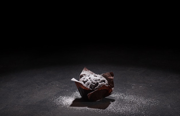 Avis de délicieux muffin au chocolat recouvert de sucre en poudre