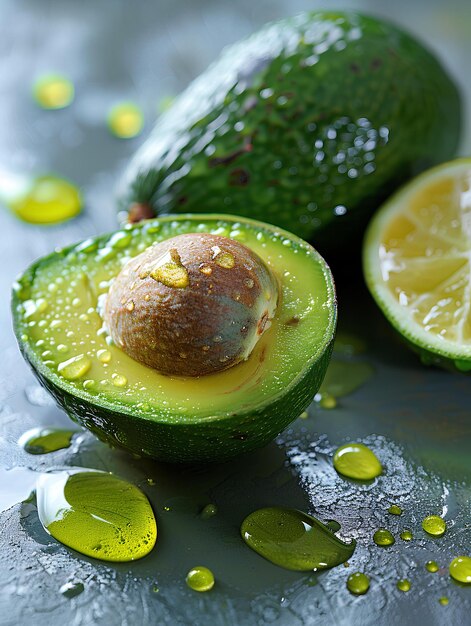 Un avocado coupé en deux avec un citron et un citron vert sur le côté avec des gouttes d'eau sur la surface