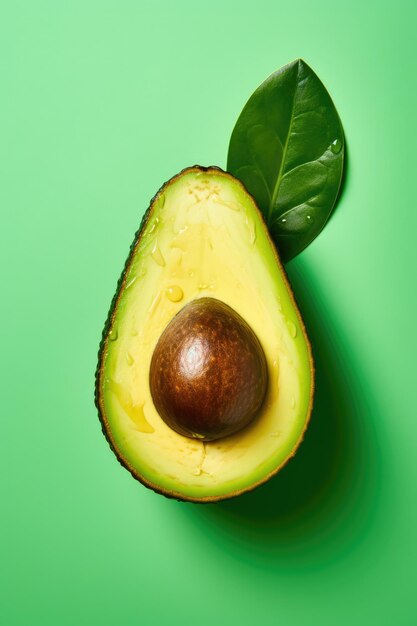 Avocado avec des feuilles sur un fond vert Concept d'alimentation saine