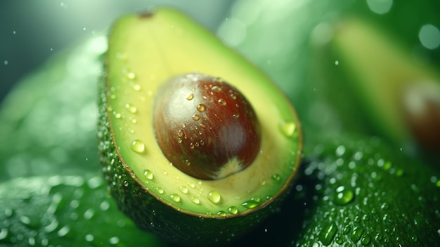 Un avocado frais avec des gouttes d'eau sur sa peau verte lisse