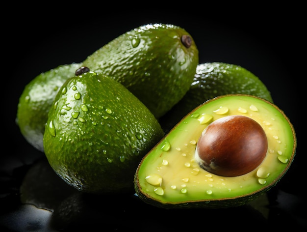 Avocado avec des gouttes sur fond noir généré par l'IA