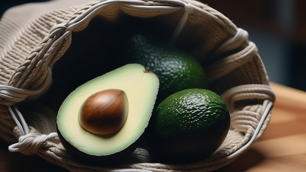 Avocado vert tranché avec noyau dans un sac écologique Emballage écologique pour les fruits et légumes