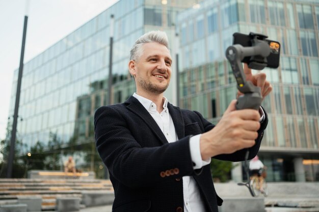 L'avocat communique par téléphone avec ses collègues Le manager tient un dispositif stabilisateur