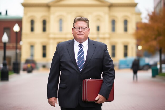 Photo avocat en costume portant une mallette devant le palais de justice