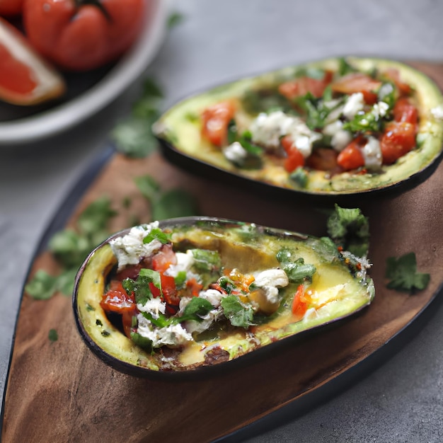 Avocat grillé farci aux tomates, fromage de chèvre, persil et huile d'olive sur une planche à découper