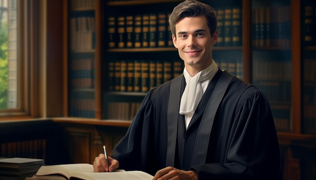 Un avocat heureux et souriant avec un costume formel.