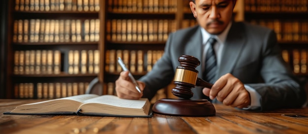 Photo avocat, homme d'affaires travaillant avec un livre de droit au bureau