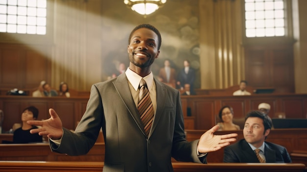 Avocat homme noir dans la salle d'audience présente des intérêts secondaires dans le différend devant le juge homme attrayant avocat apparaît dans la pièce devant le jury avocat protège les droits de l'accusé IA générative