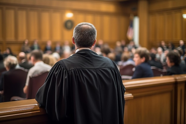 Un avocat s'adressant au juge dans une salle d'audience capturant un moment important de la procédure juridique