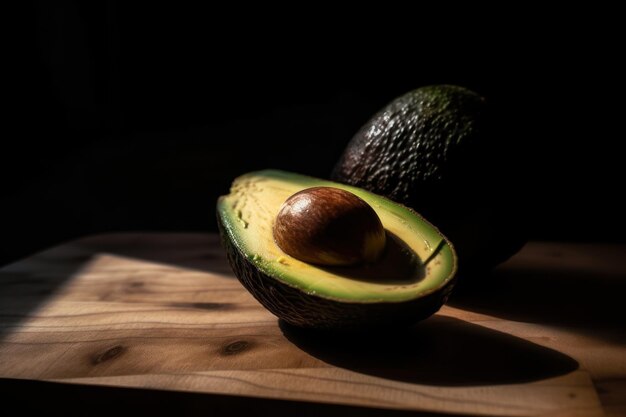 Avocat sur une table en bois avec la lumière qui brille dessus