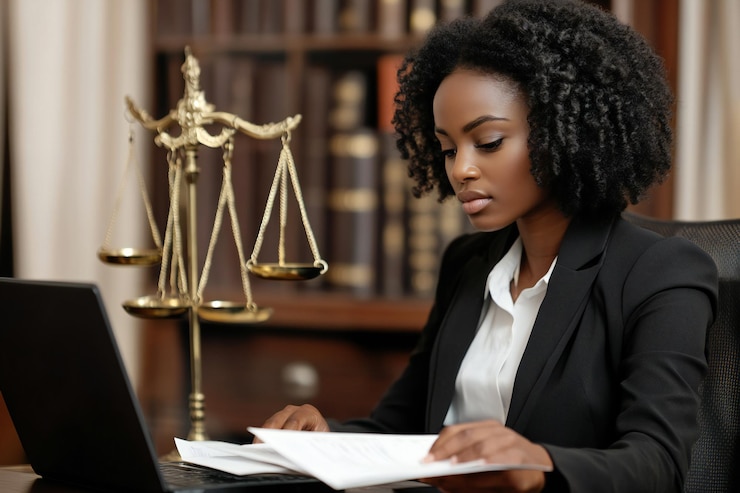 Photo avocate professionnelle examinant des documents juridiques dans un cabinet d'avocats avec des balances de justice occupées