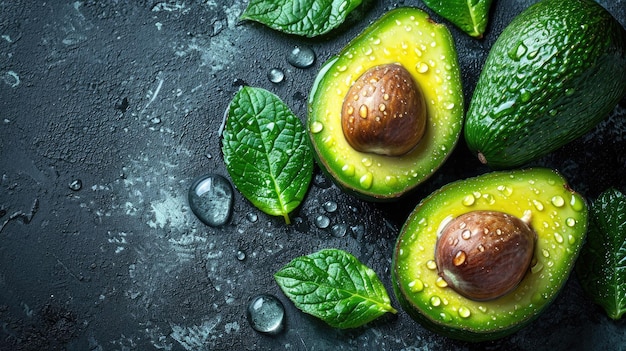 Photo des avocats sur fond noir avec des gouttes d'eau