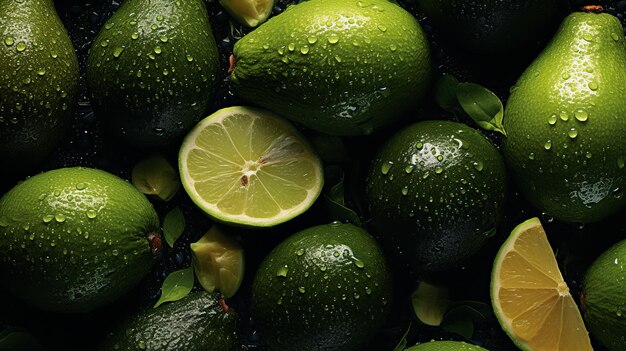 Photo des avocats frais et vibrants et du jus de citron vert avec des gouttes de rosée étincelantes une fusion verte rafraîchissante