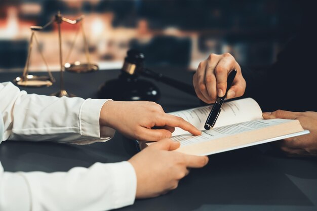 Avocats en gros plan lisant un livre juridique à la bibliothèque Equilibrium