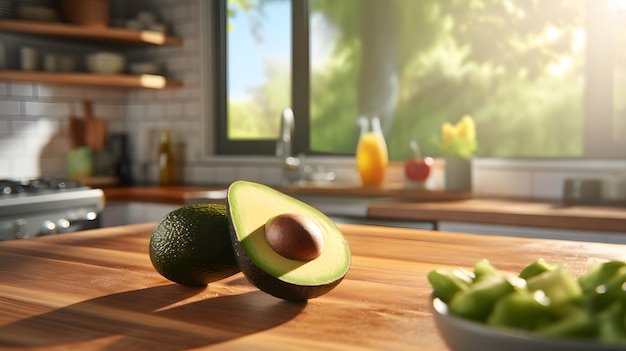 Avocats sur la table de cuisine en bois avec leurs peaux vertes et lisses Generative AI