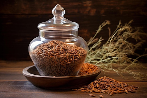 avoine dans un bocal en verre avec un fond en bois