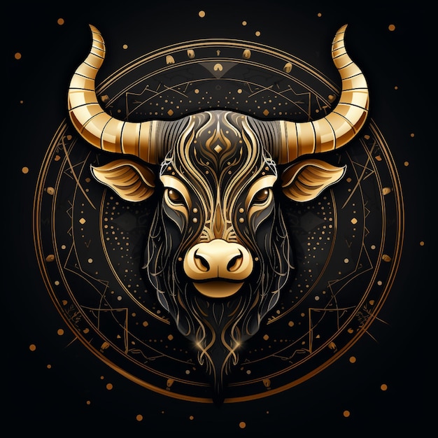 Photo awesome logo d'un symbole du zodiaque taurus ligne d'art or et noir fond noir avec beaucoup de or
