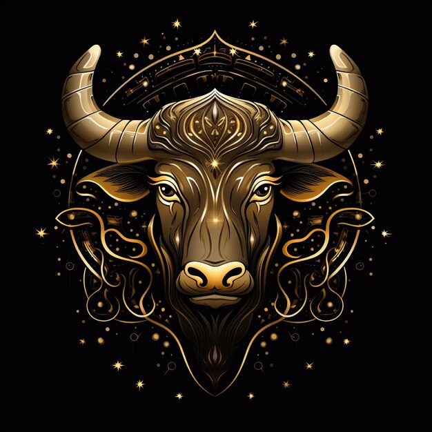 Photo awesome logo d'un symbole du zodiaque taurus ligne d'art or et noir fond noir avec beaucoup de or