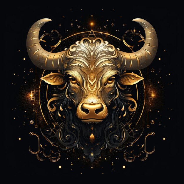 Photo awesome logo d'un symbole du zodiaque taurus ligne d'art or et noir fond noir avec beaucoup de or