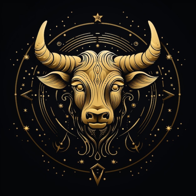 Awesome logo d'un symbole du zodiaque Taurus ligne d'art or et noir fond noir avec beaucoup de or