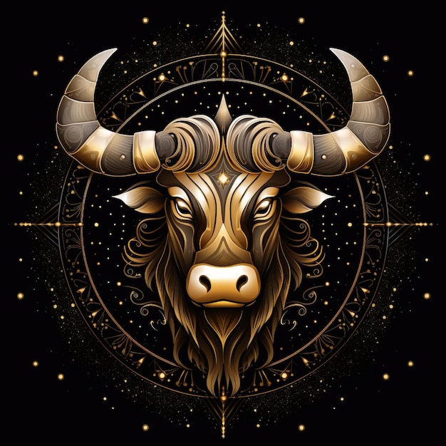 Photo awesome logo d'un symbole du zodiaque taurus ligne d'art or et noir fond noir avec beaucoup de or