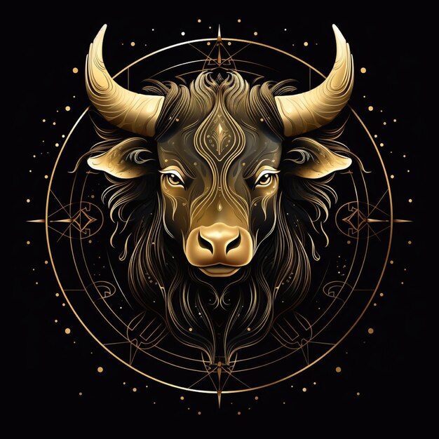 Photo awesome logo d'un symbole du zodiaque taurus ligne d'art or et noir fond noir avec beaucoup de or