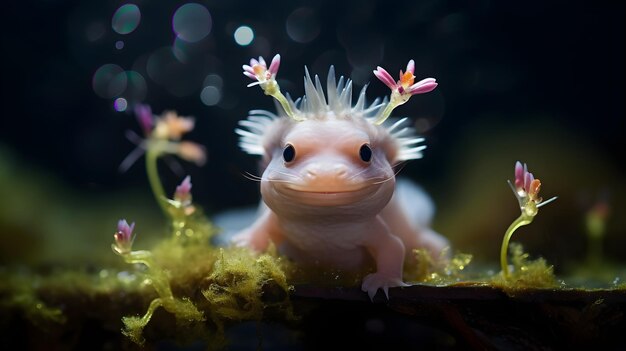 Axolotl amusant arborant un petit chapeau la salamandre aquatique