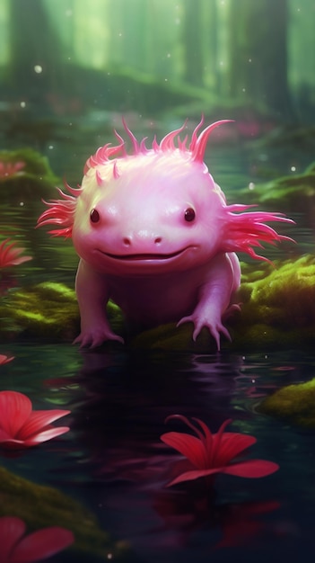 Un axolotl rose avec une queue rose est assis dans l'eau.