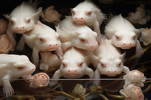 Des axolotls majestueux entourés d'un tourbillon de courants océaniques