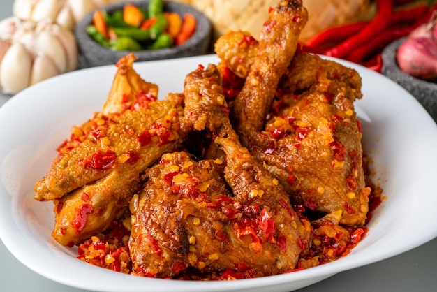 Ayam sambal balado ou poulet frit épicé est une cuisine traditionnelle de Padang West Sumatra