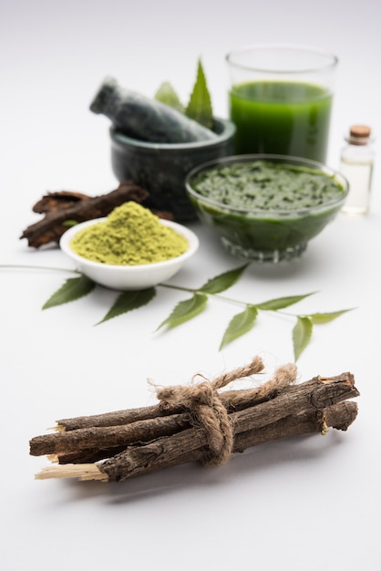 Azadirachta indica médicinale ayurvédique ou feuilles de Neem dans un mortier et un pilon avec de la pâte de neem, du jus et des brindilles, de la poudre et de l'huile, mise au point sélective