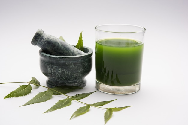 Azadirachta indica médicinale ayurvédique ou feuilles de Neem dans un mortier et un pilon avec de la pâte de neem, du jus et des brindilles, de la poudre et de l'huile, mise au point sélective