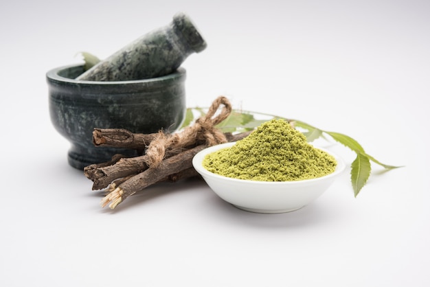 Azadirachta indica médicinale ayurvédique ou feuilles de Neem dans un mortier et un pilon avec de la pâte de neem, du jus et des brindilles, de la poudre et de l'huile, mise au point sélective