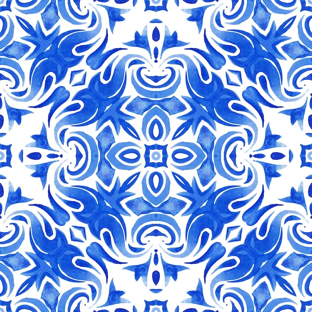 Azulejos portugais ornés traditionnels toile de fond de peinture à l'aquarelle bleue pour la surface des oreillers imprimés
