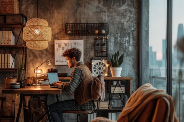 B Jeune homme travaillant sur un ordinateur portable dans son bureau à domicile